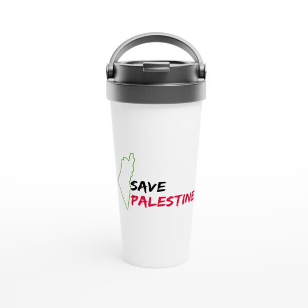 440ml Hvit Rustfritt Stål Reise kaffekrus Trykt Med Save Palestine og kart